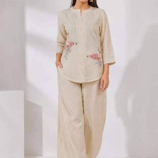 Off White Mal Cotton Co Ord Set With Floral Embroidery