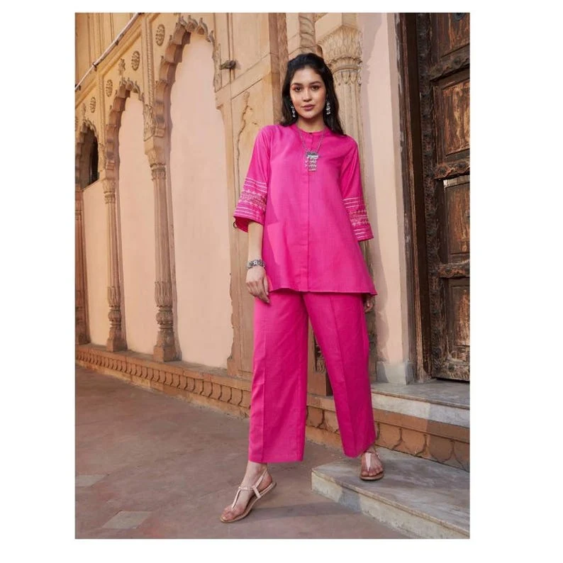 Fuchsia Women Co Ord Set Gold Embroidered