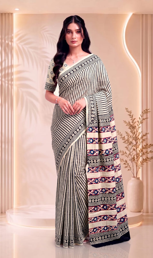 Traditional Floral Handcrafted Design Block Print Cotton Saree