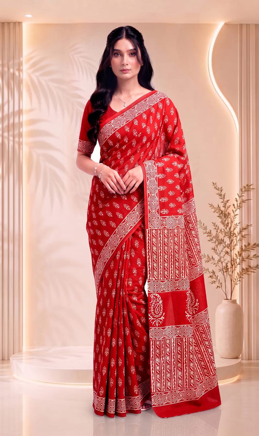 Soft Cotton Saree – Comfortable Traditional Floral Hand Block Print