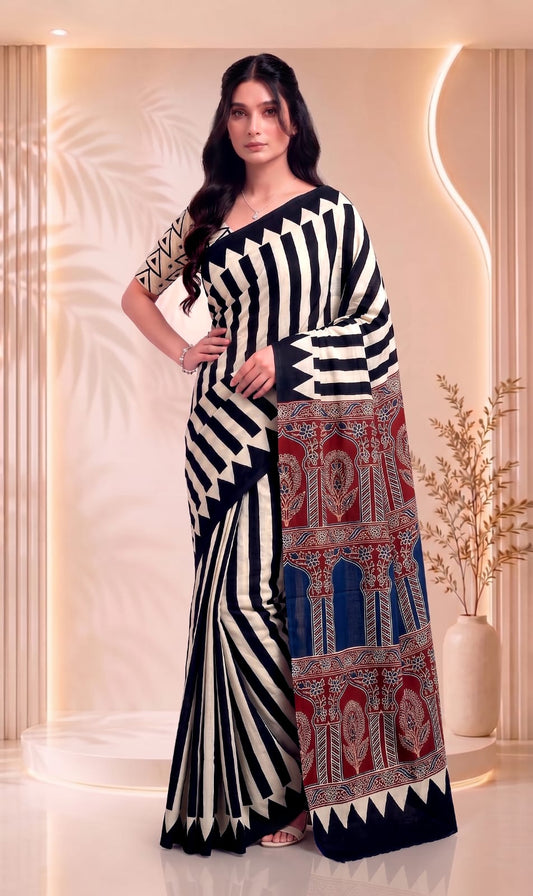 Jaipuri Printed Cotton Saree – Traditional Floral Hand Block Design