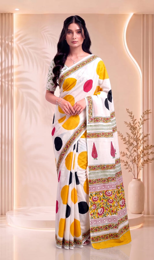 Indian Traditional Cotton Saree – Elegant Hand Block Floral Print