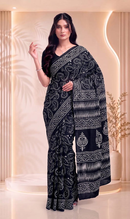 Jaipuri Traditional Hand Block Floral Print Cotton Saree