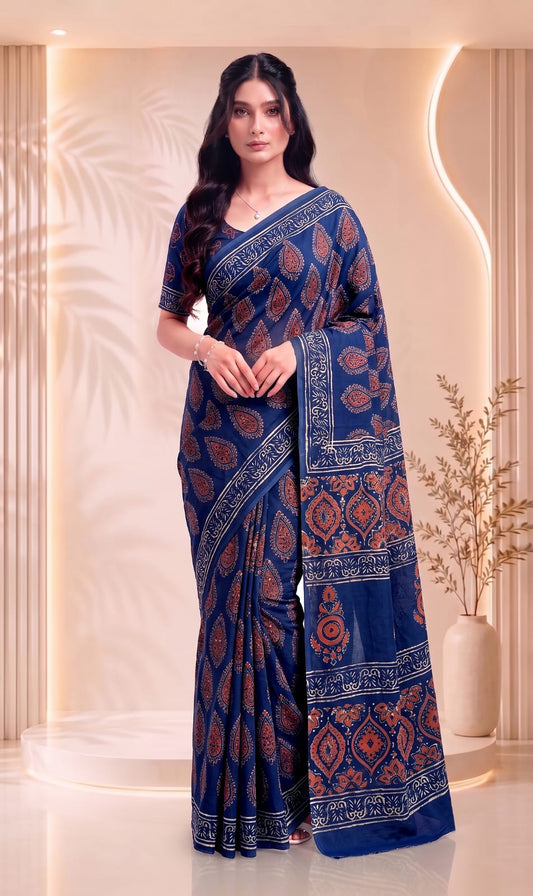 Elegant Traditional Printed Design Hand Block Cotton Saree