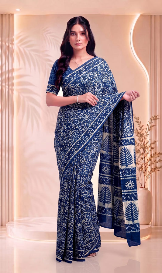 Floral Hand Block Print Designer Cotton Saree