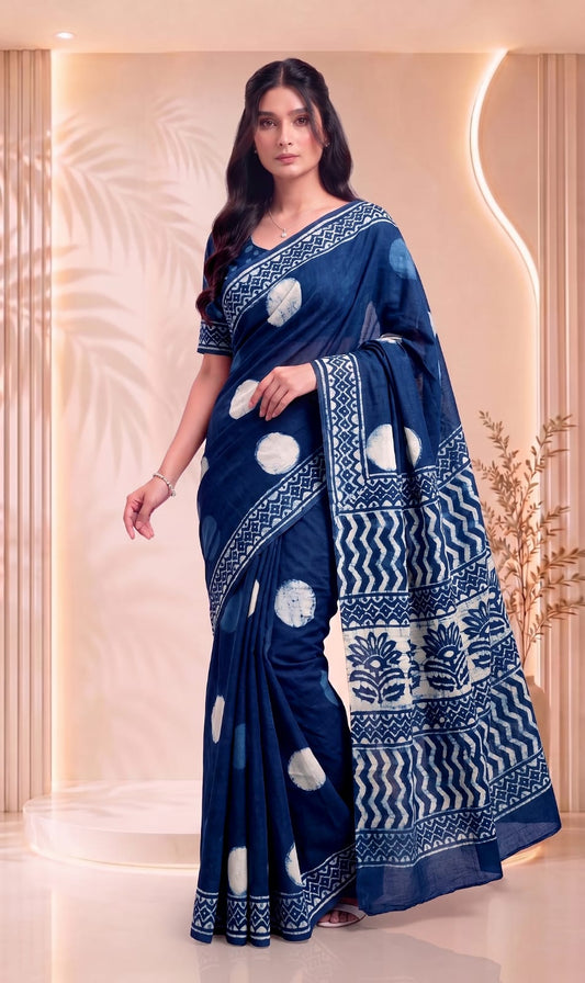 Office Wear Cotton Saree – Elegant Minimal Floral Hand Block Print