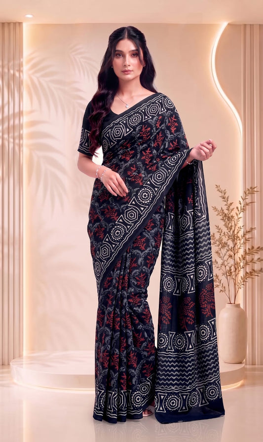 Premium Jaipuri Cotton Mulmul Saree With Traditional Hand Block Print