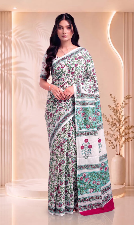 Hand Block Printed Design Premium Cotton Saree