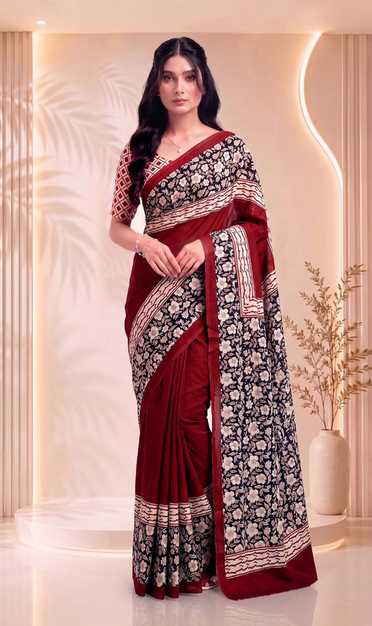 Floral Cotton Saree – Elegant Traditional Hand Block Print