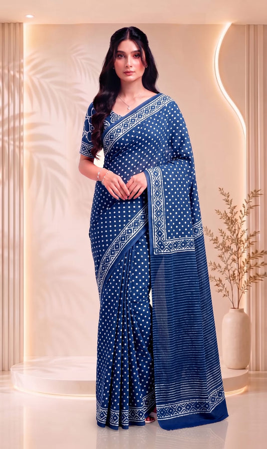 Floral Printed Cotton Saree – Premium Hand Block Traditional Design