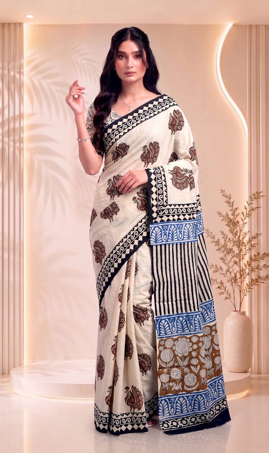 Daily Wear Cotton Saree – Elegant Floral Hand Block Print
