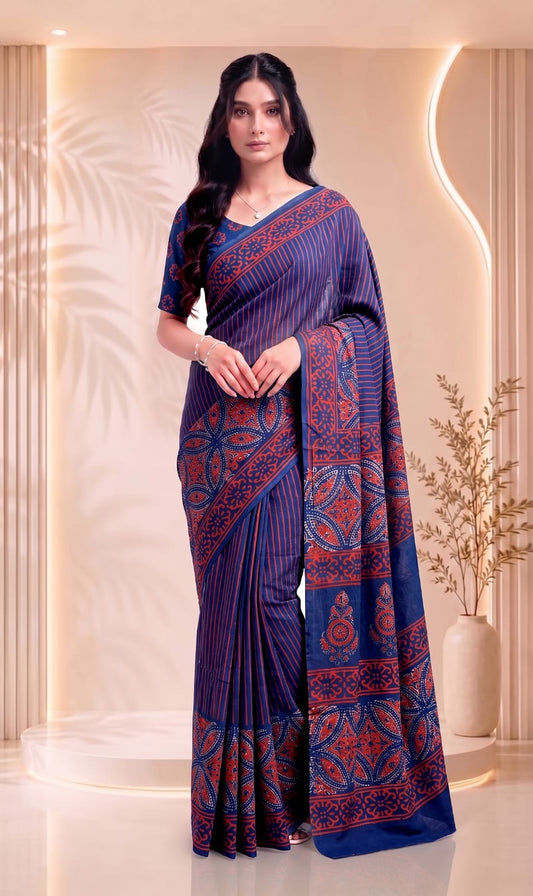 Breathable Cotton Saree – Lightweight Floral Hand Block Design