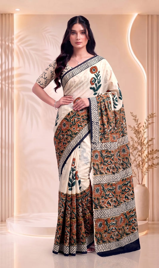 Traditional Floral Craft Hand Block Printed Cotton Saree