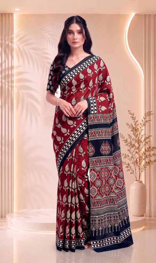 Lightweight Cotton Saree – Soft Floral Hand Block Printed Design