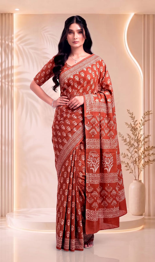 Cotton Saree for Women – Elegant Floral Hand Block Print