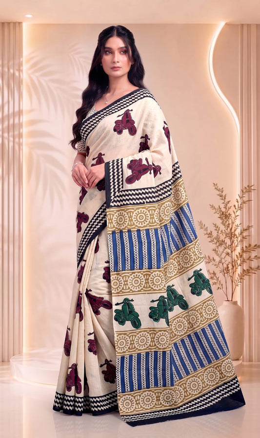 Elegant Floral Hand Block Design for Women Printed Cotton Saree