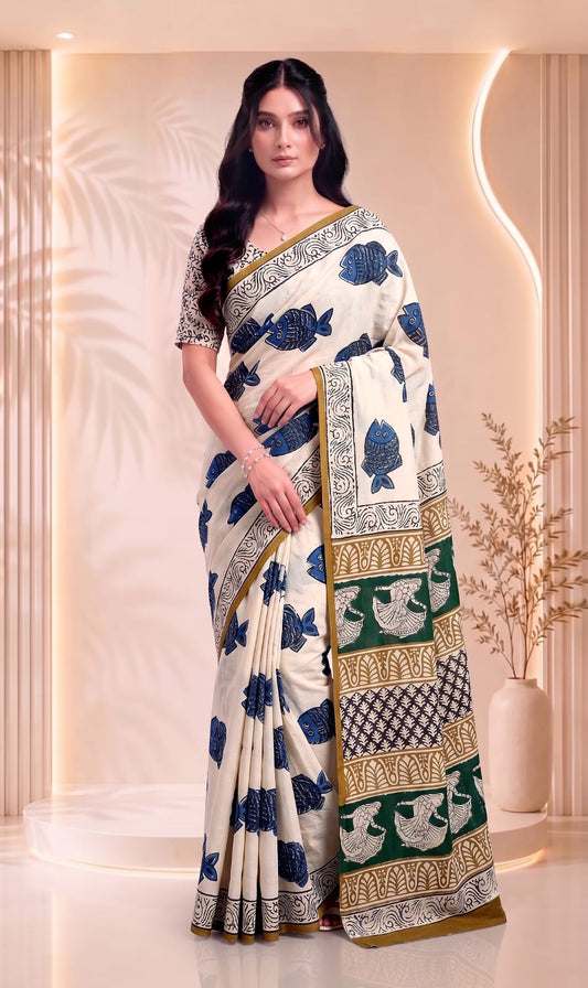 Traditional Cotton Saree – Elegant Hand Block Printed Floral Design
