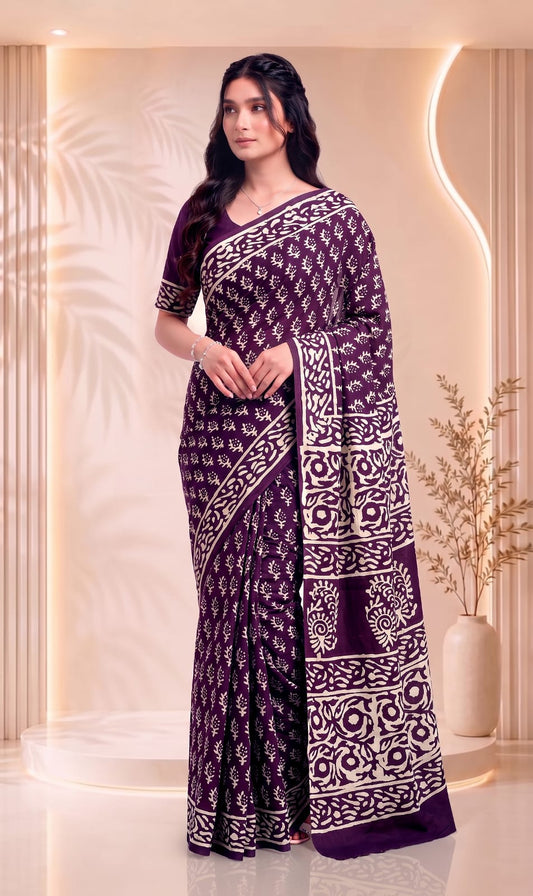 Floral Hand Block Print for Women Cotton Saree