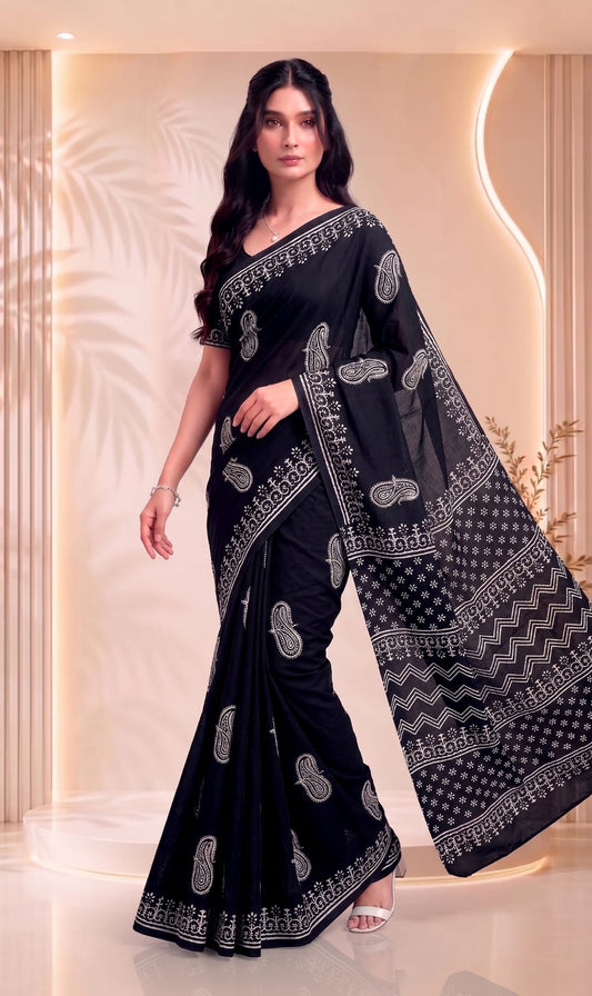Saree with Blouse – Elegant Cotton Hand Block Printed Design