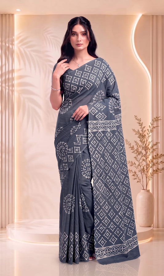 Elegant Cotton Floral Traditional Design Block Printed Saree