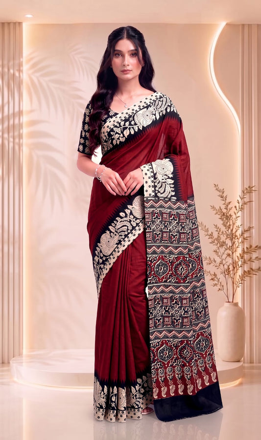 Elegant Cotton Saree – Premium Traditional Floral Hand Block Print