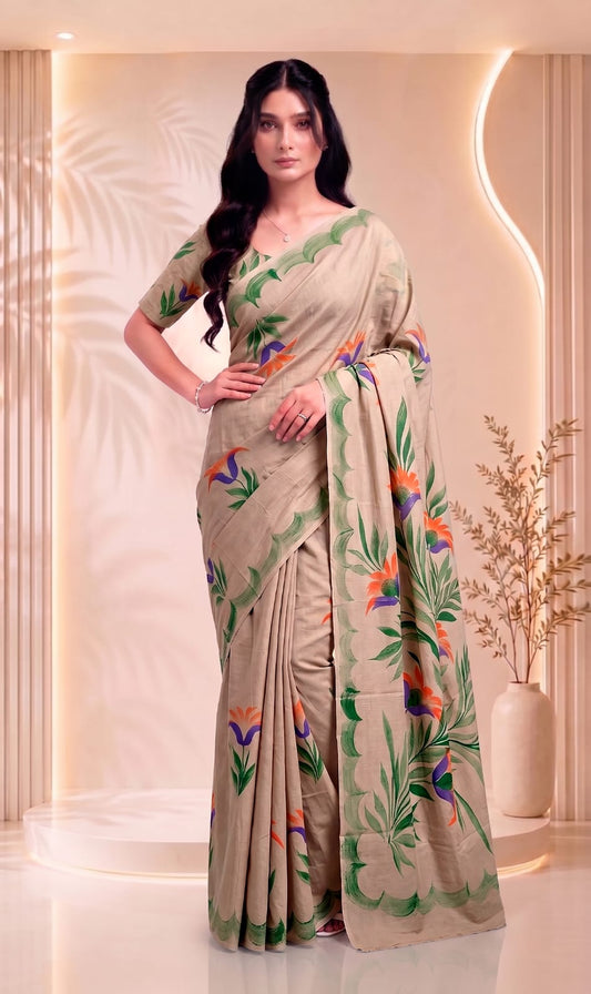 Premium Hand Block Cotton Saree – Elegant Floral Traditional Design