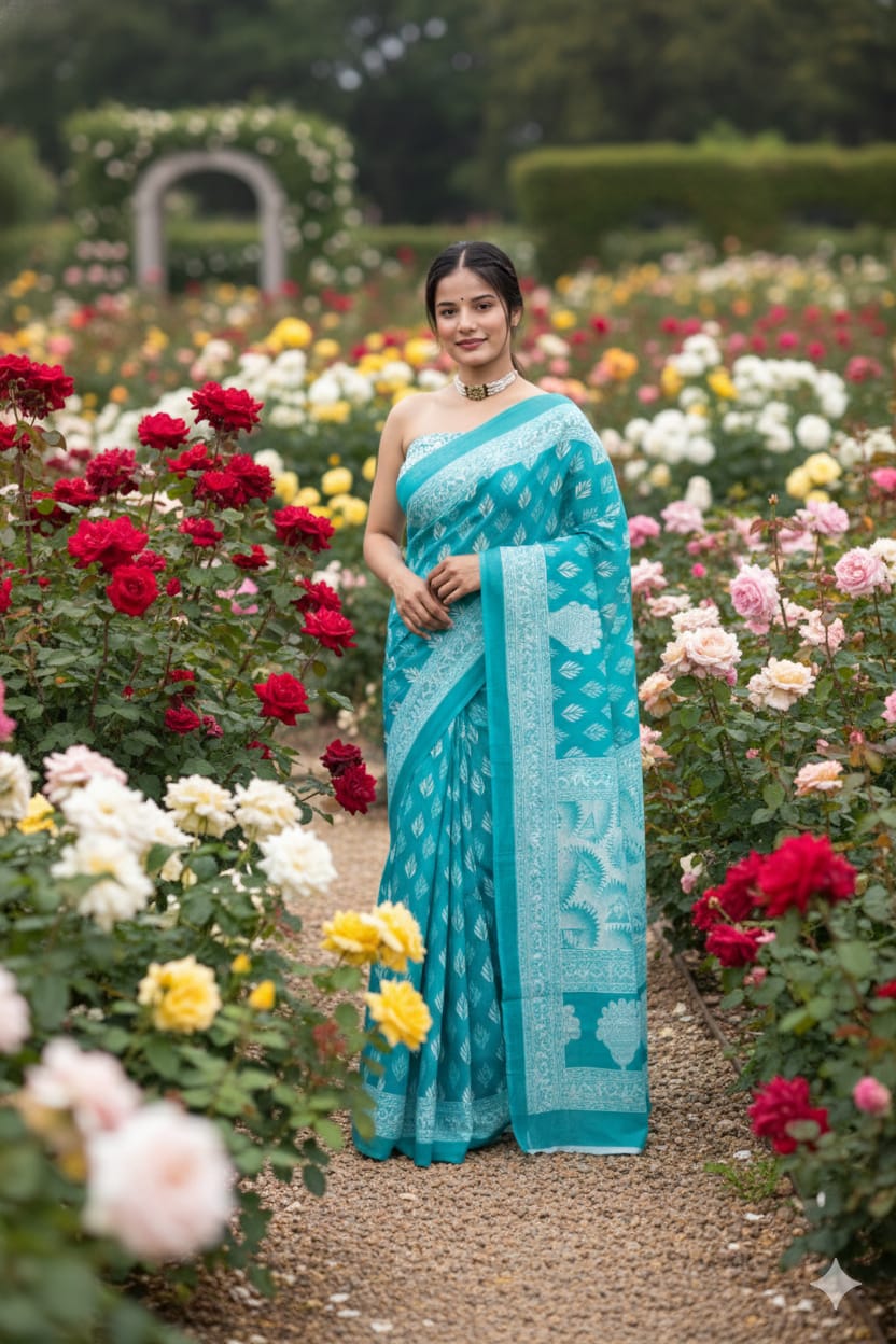 Traditional Jaipuri Printed Mulmul Cotton Saree with Blouse Piece