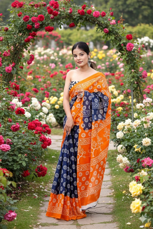 Traditional Jaipuri Printed Mulmul Cotton Saree with Blouse Piece