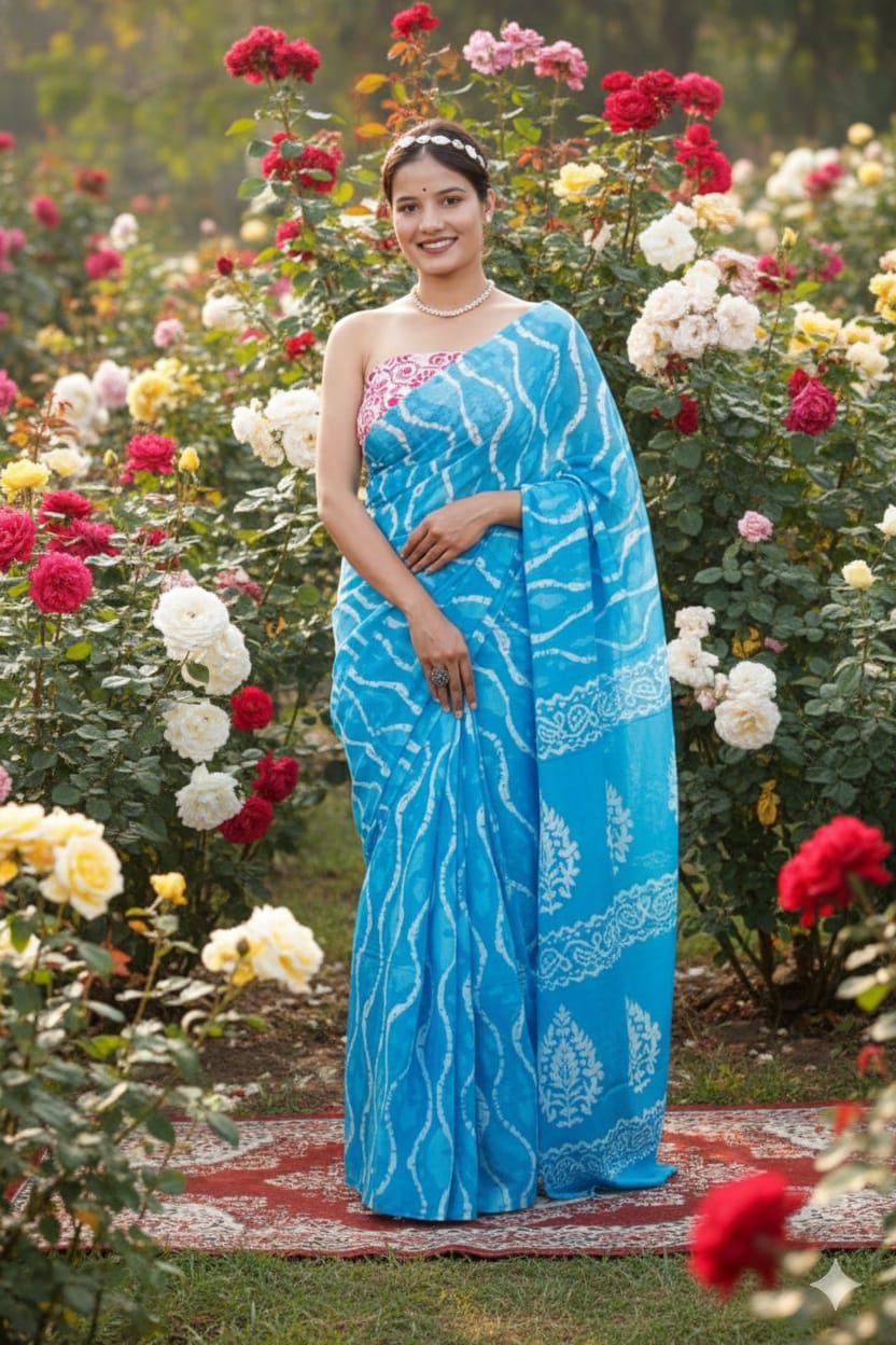 Traditional Jaipuri Printed Mulmul Cotton Saree with Blouse Piece