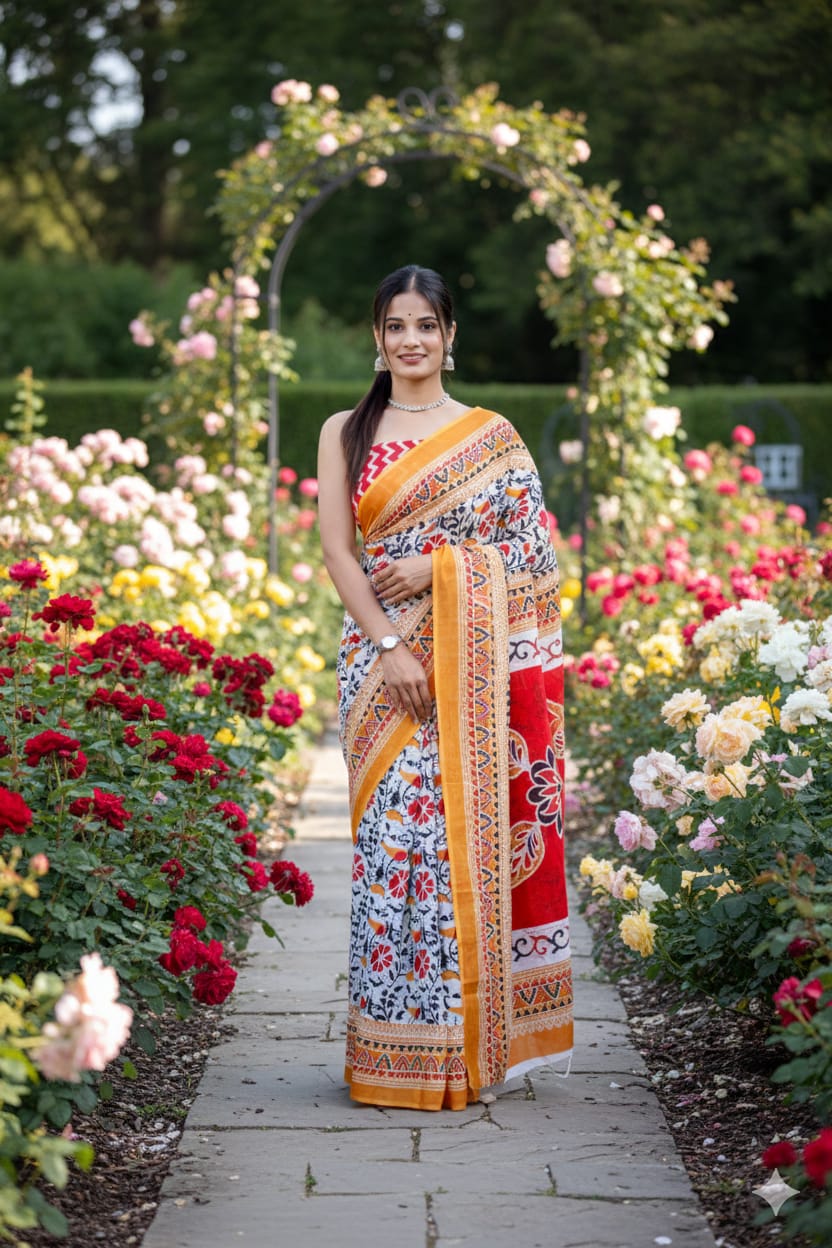 Traditional Jaipuri Printed Mulmul Cotton Saree with Blouse Piece