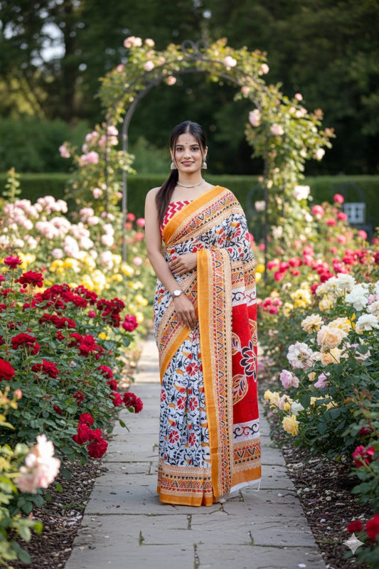 Traditional Jaipuri Printed Mulmul Cotton Saree with Blouse Piece