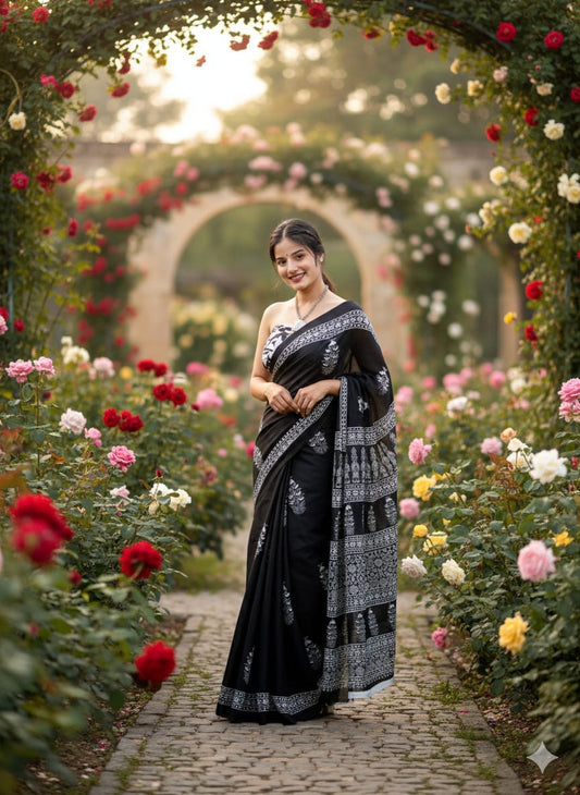 Traditional Jaipuri Printed Mulmul Cotton Saree with Blouse Piece
