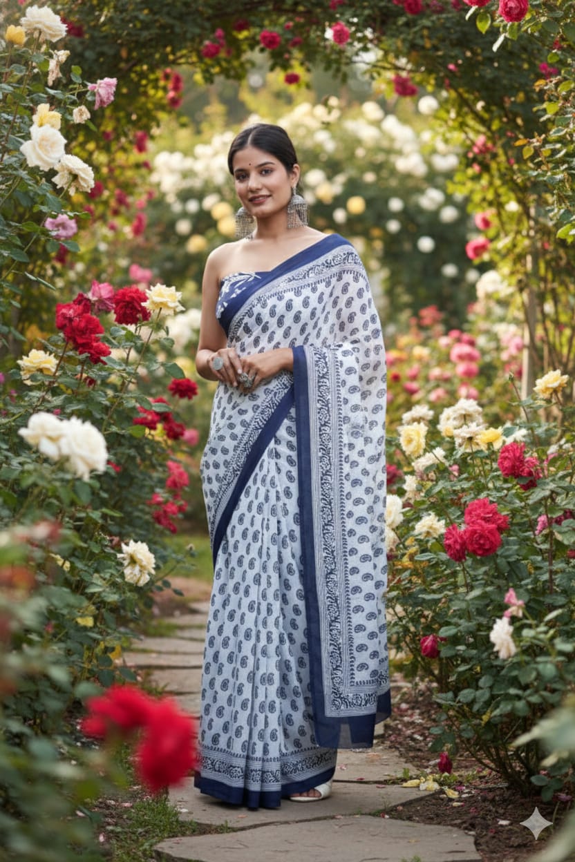 Traditional Jaipuri Printed Mulmul Cotton Saree with Blouse Piece