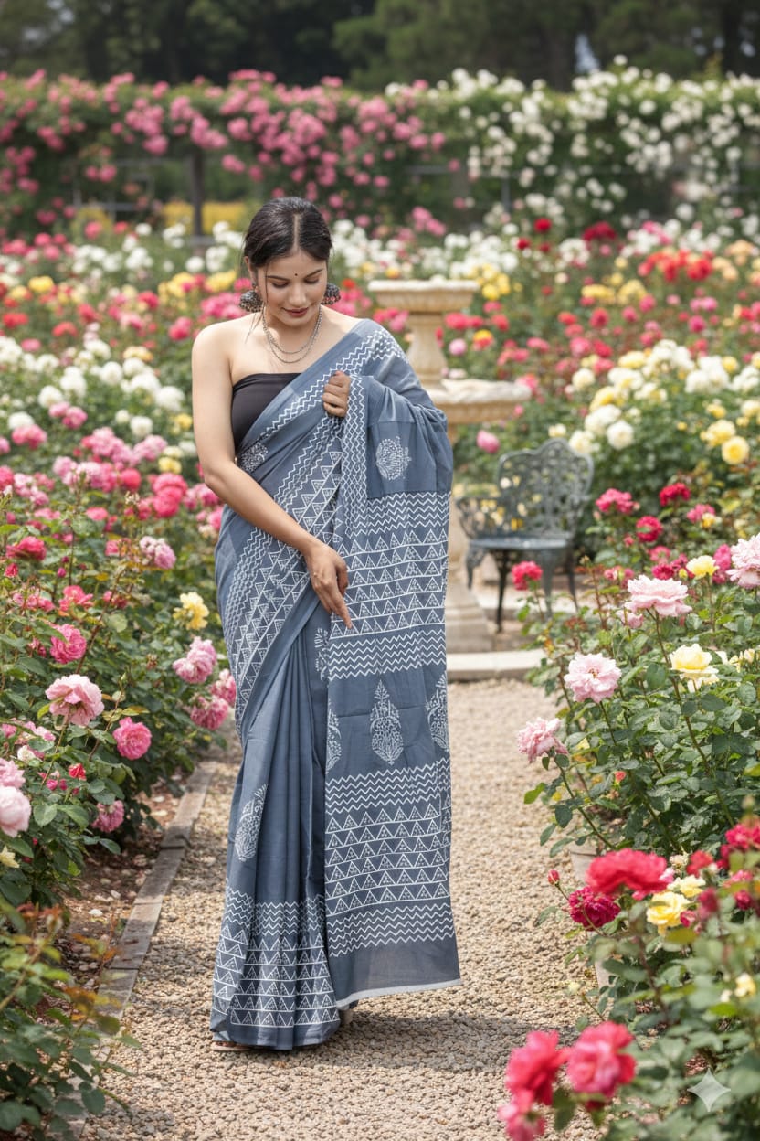 Traditional Jaipuri Printed Mulmul Cotton Saree with Blouse Piece
