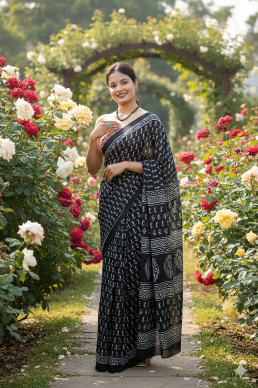 Traditional Jaipuri Printed Mulmul Cotton Saree with Blouse Piece