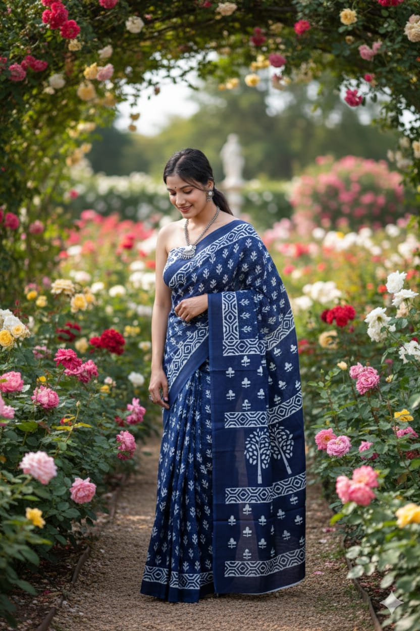 Traditional Jaipuri Printed Mulmul Cotton Saree with Blouse Piece