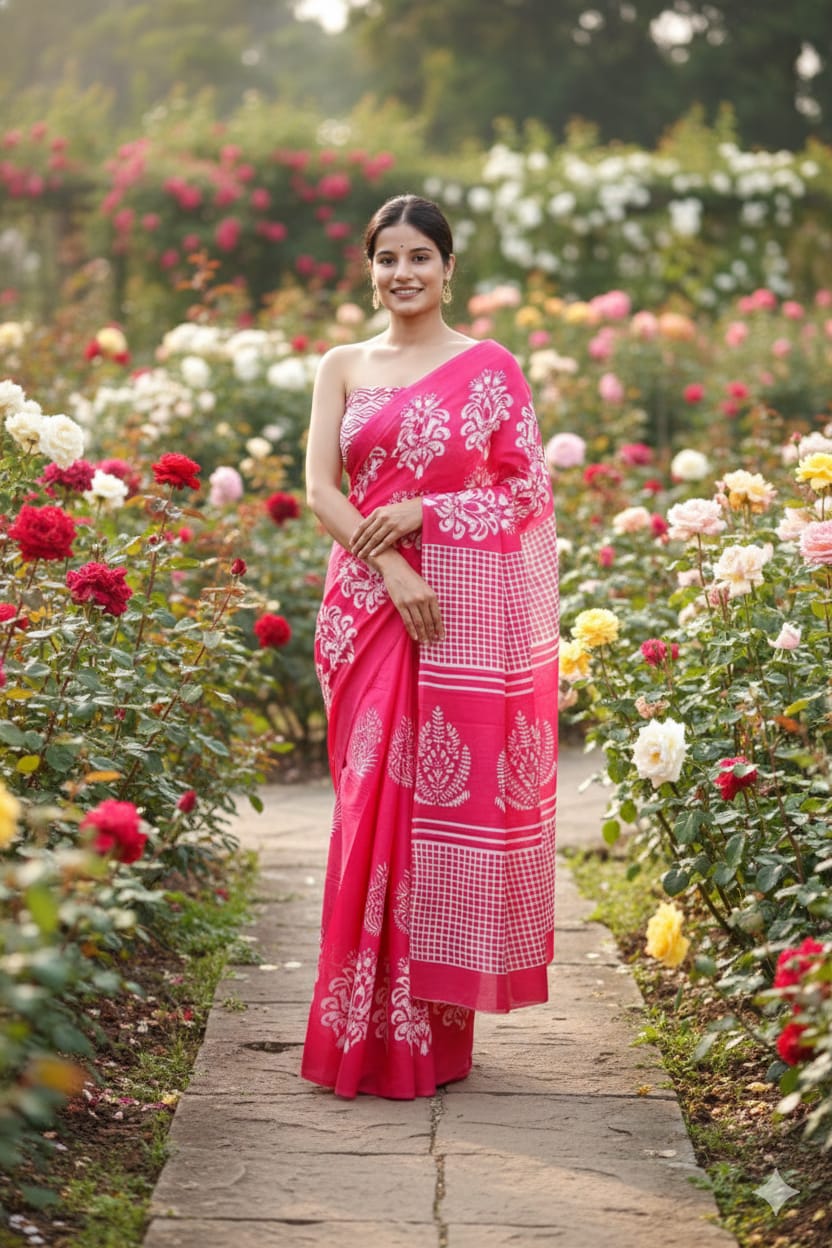 Traditional Jaipuri Printed Mulmul Cotton Saree with Blouse Piece