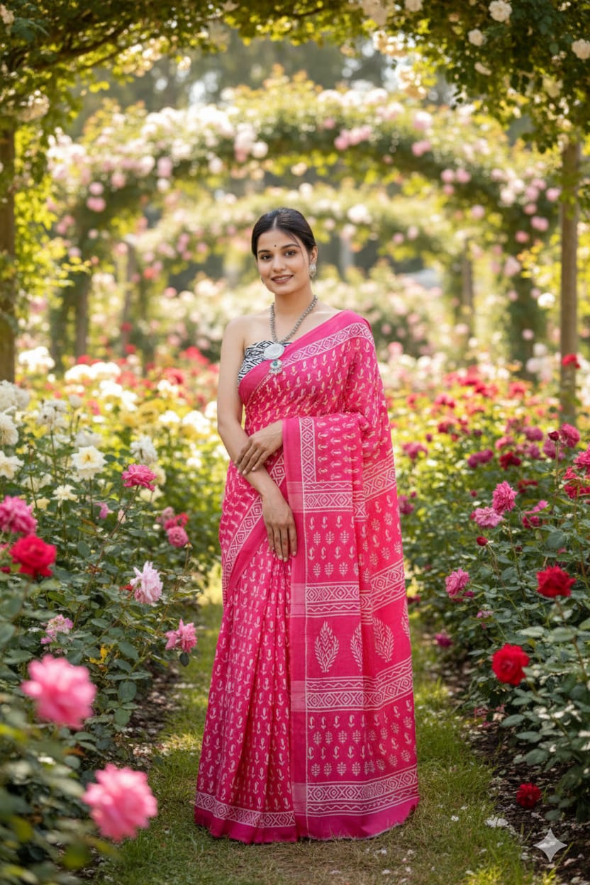 Traditional Jaipuri Printed Mulmul Cotton Saree with Blouse Piece