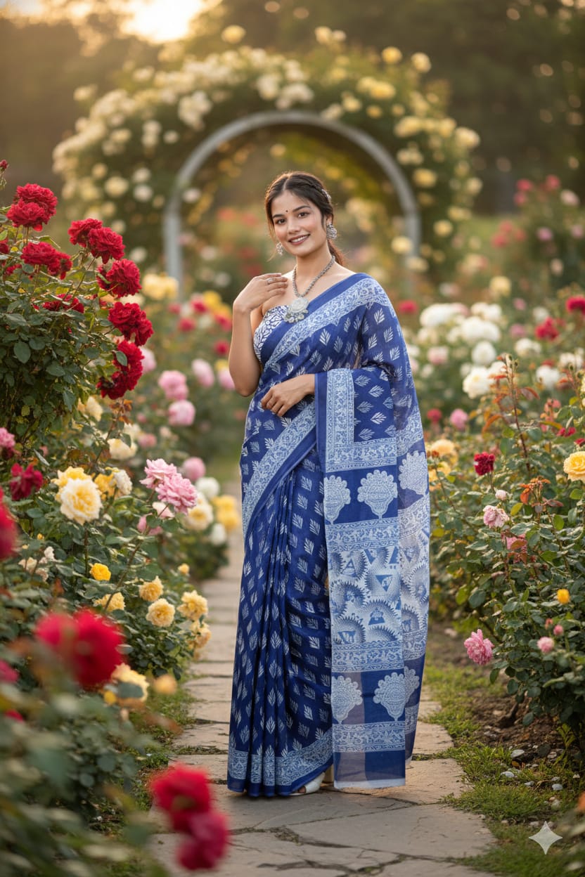 Traditional Jaipuri Printed Mulmul Cotton Saree with Blouse Piece