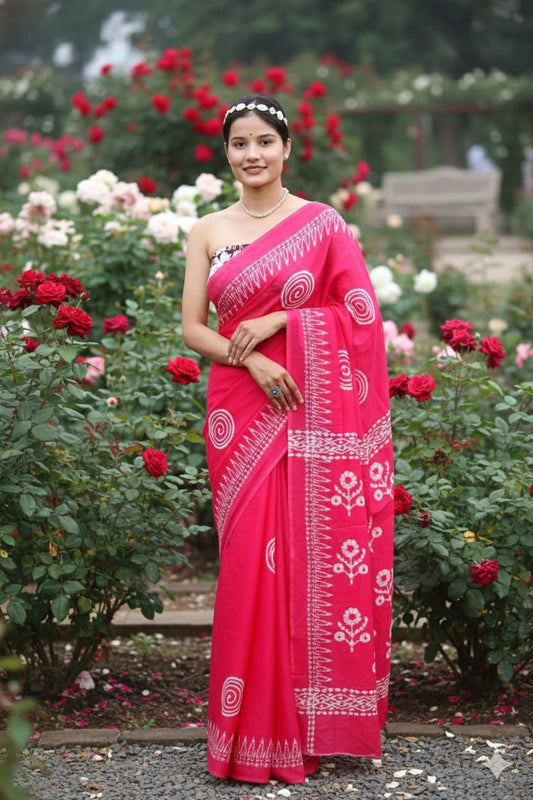 Traditional Jaipuri Printed Mulmul Cotton Saree with Blouse Piece