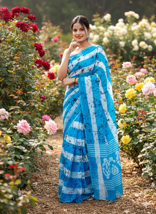 Traditional Jaipuri Printed Mulmul Cotton Saree with Blouse Piece