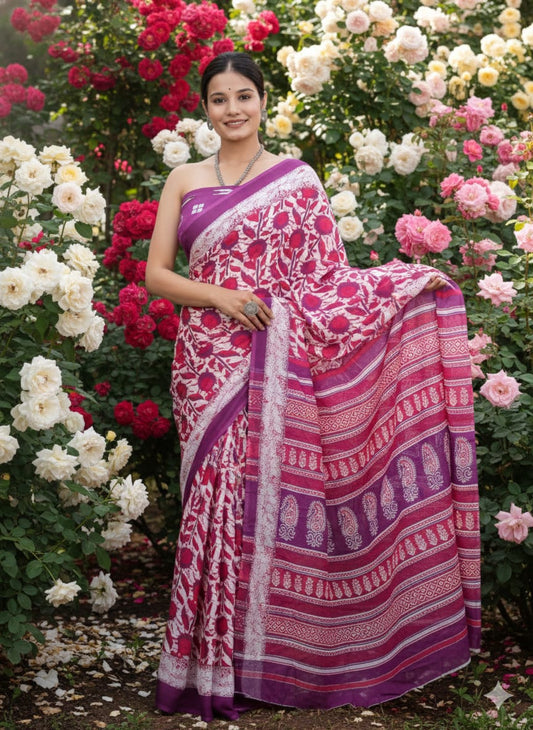 Traditional Jaipuri Printed Mulmul Cotton Saree with Blouse Piece