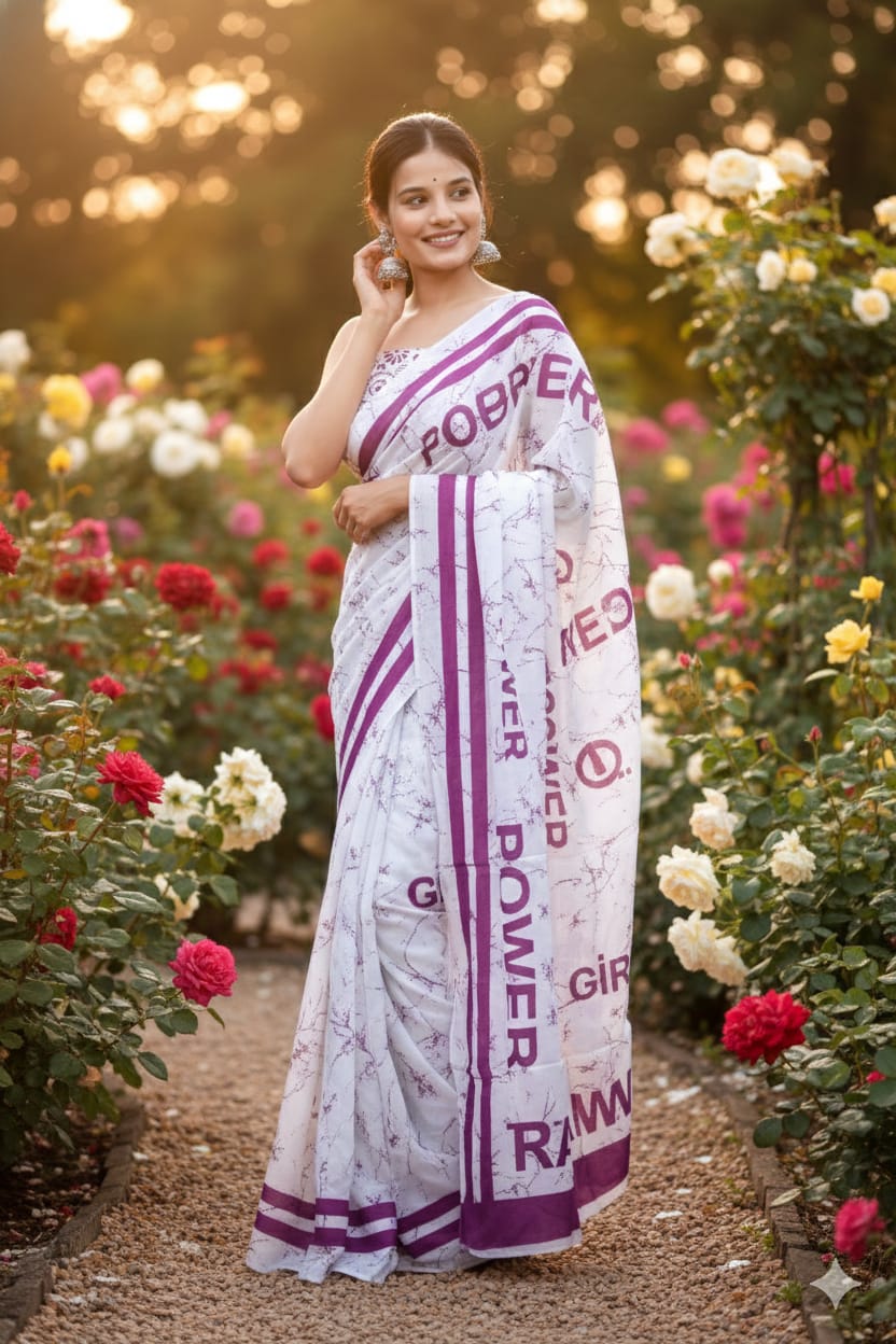 Traditional Jaipuri Printed Mulmul Cotton Saree with Blouse Piece