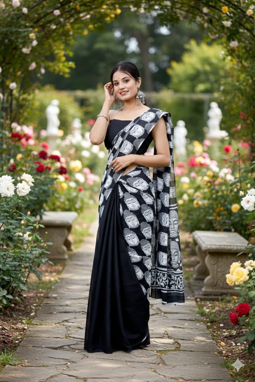 Traditional Jaipuri Printed Mulmul Cotton Saree with Blouse Piece