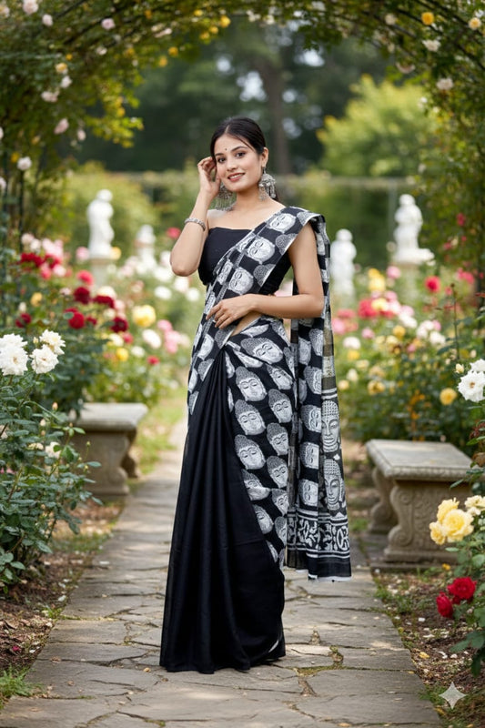 Traditional Jaipuri Printed Mulmul Cotton Saree with Blouse Piece