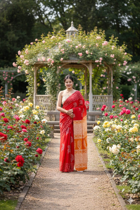 Traditional Jaipuri Printed Mulmul Cotton Saree with Blouse Piece