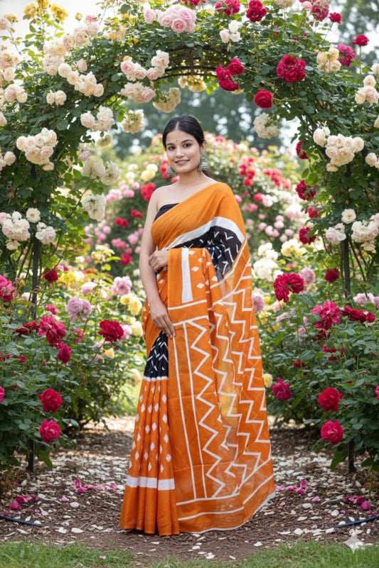 Traditional Jaipuri Printed Mulmul Cotton Saree with Blouse Piece