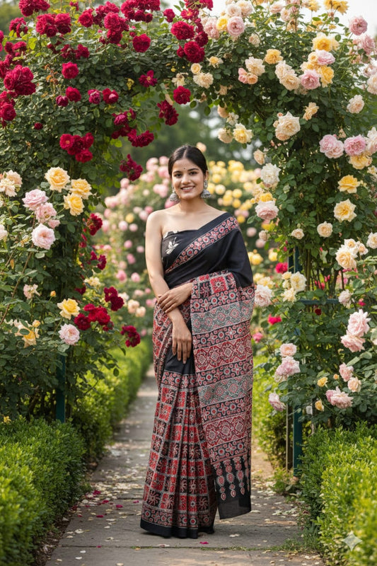 Traditional Jaipuri Printed Mulmul Cotton Saree with Blouse Piece