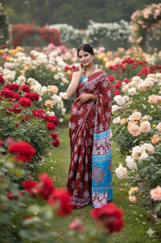 Traditional Jaipuri Printed Mulmul Cotton Saree with Blouse Piece
