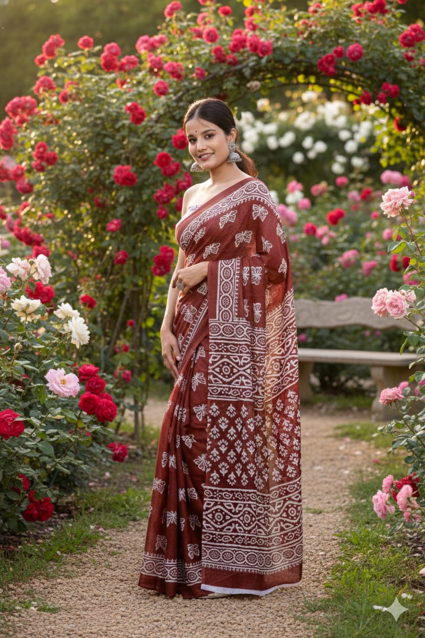 Traditional Jaipuri Printed Mulmul Cotton Saree with Blouse Piece